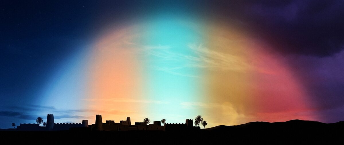 One sky over a Najdi horizon of mud-brick towers and palms, running from blue night through apricot dawn and a bright midday to violet night.