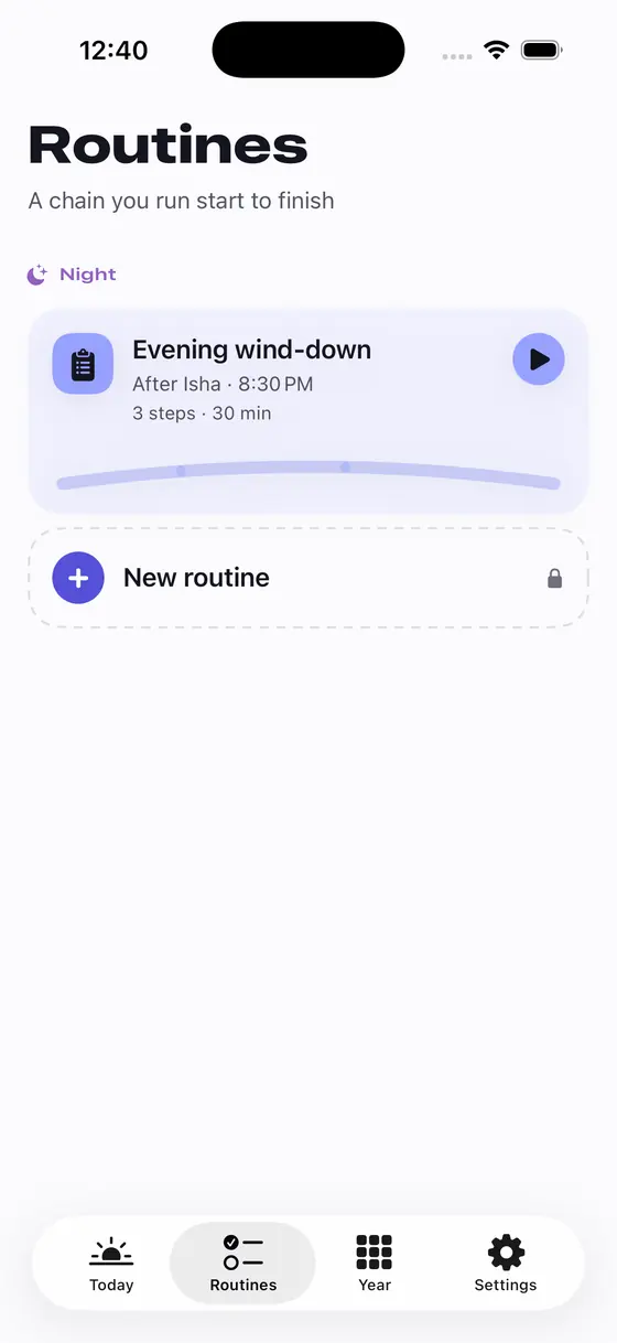 The Routines screen: routines listed with the window each one is anchored to.