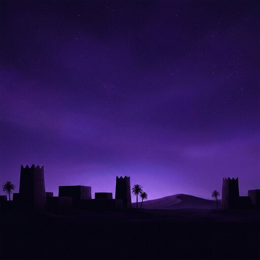 The same horizon at night, violet, with the towers dark.