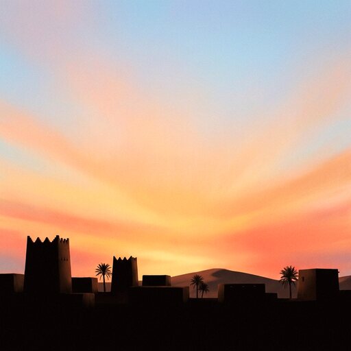 The same horizon at sunrise, low apricot light on the towers.